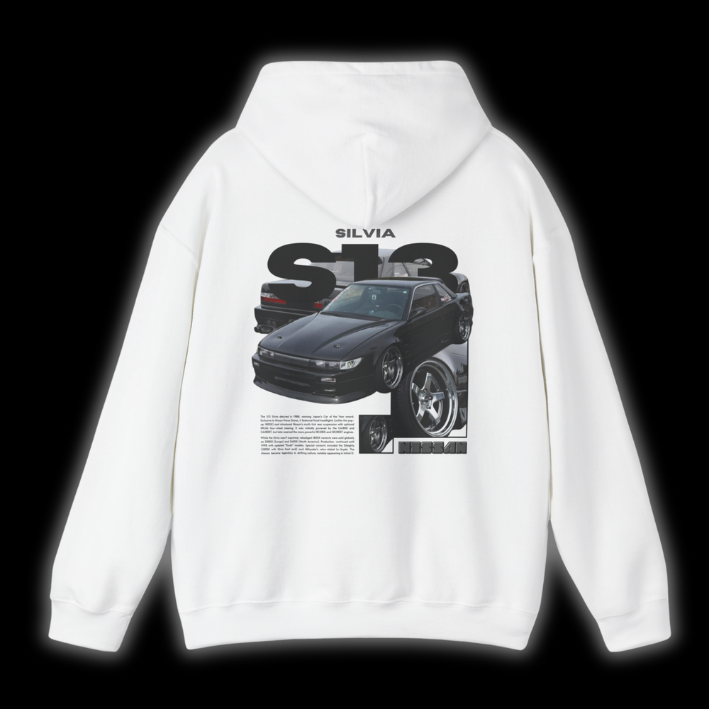 White hoodie with Nissan Silvia S13 / PS13 coupe graphic on the back, picture of the rear, black background 
