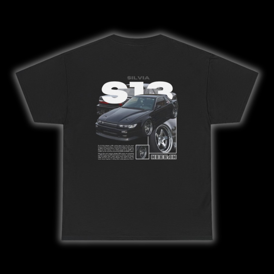 Black T-shirt with Nissan Silvia S13 / PS13 coupe graphic on the back, picture of the rear, black background