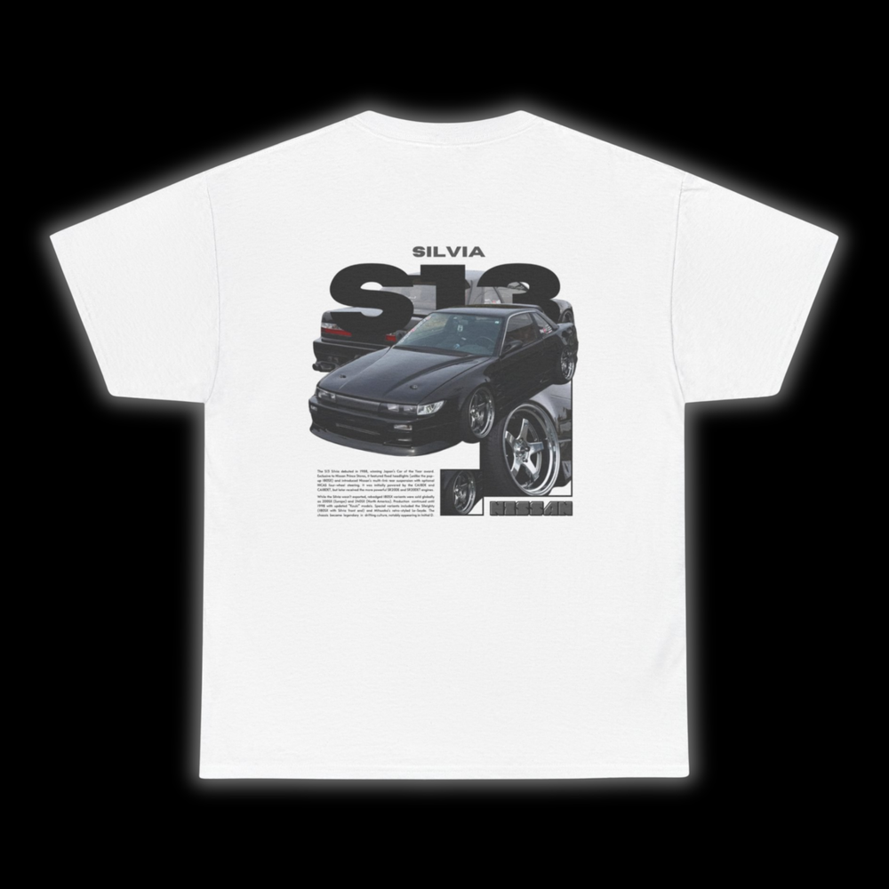 White T-shirt with Nissan Silvia S13 / PS13 coupe graphic on the back, picture of the rear, black background