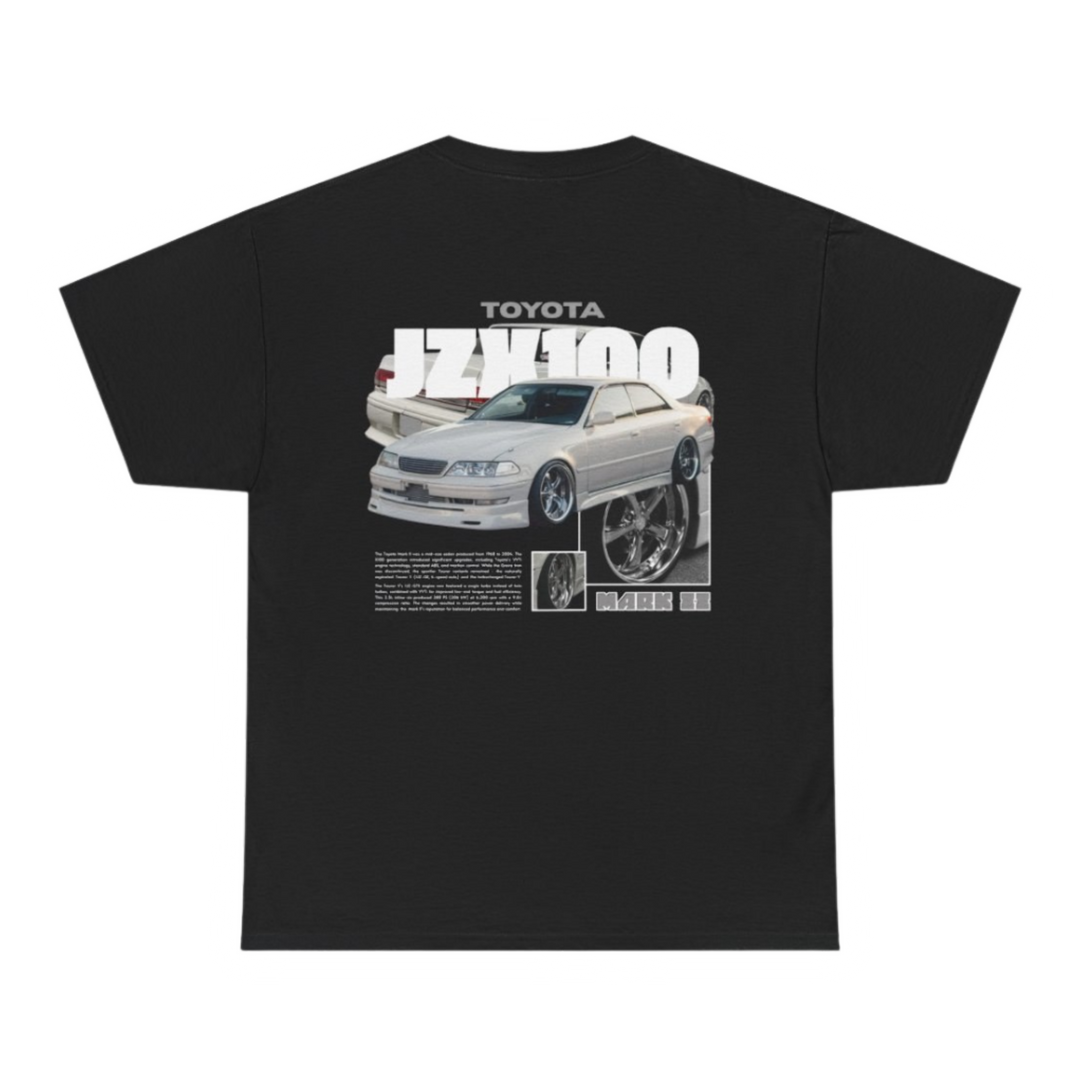 Black T-shirt with Toyota Mark II Jzx100 graphic on the back, picture of the rear, black background