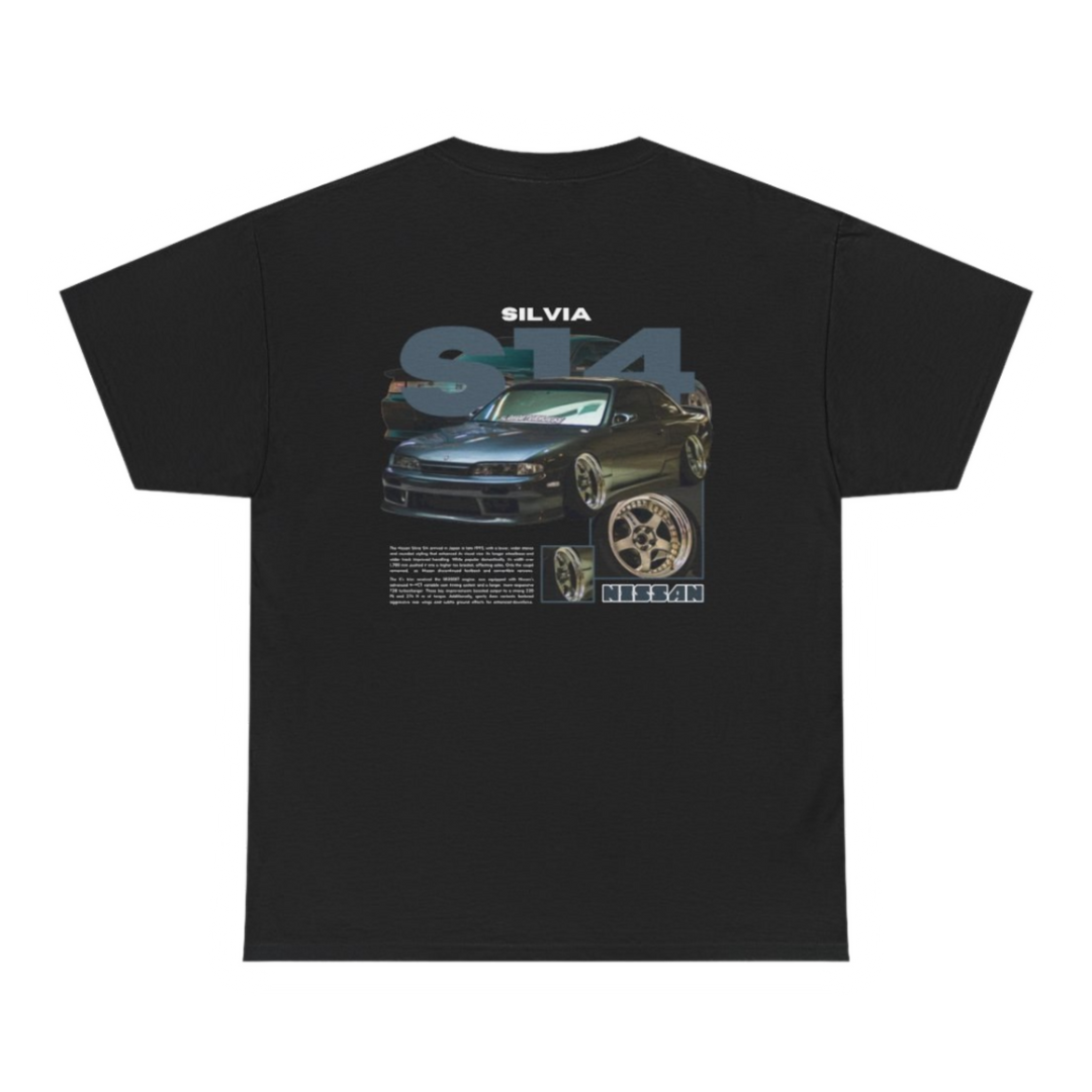 Black T-shirt with Nissan Silvia S14 Zenki graphic on the back, picture of the rear, black background