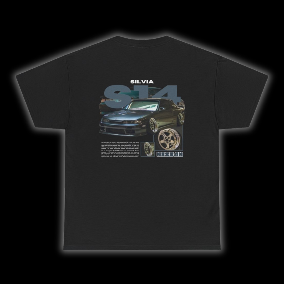 Black T-shirt with Nissan Silvia S14 Zenki graphic on the back, picture of the rear, black background