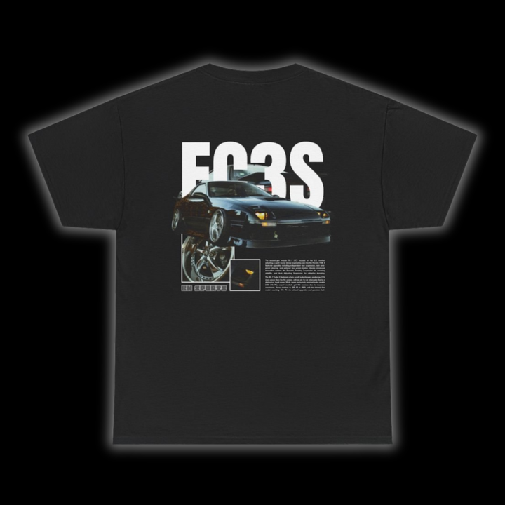 Black T-shirt with Mazda Rx7 FC graphic on the back, picture of the rear, black background
