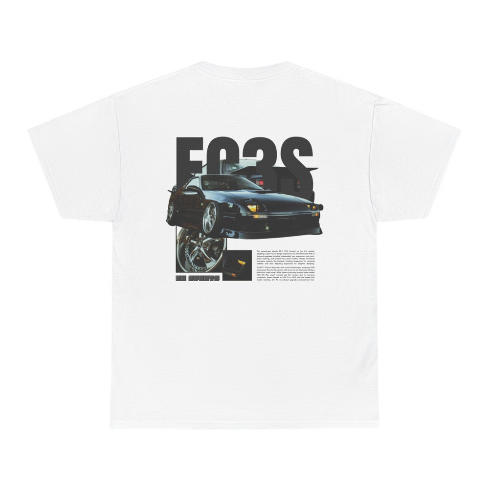 White T-shirt with Mazda Rx7 FC graphic on the back, picture of the rear, black background