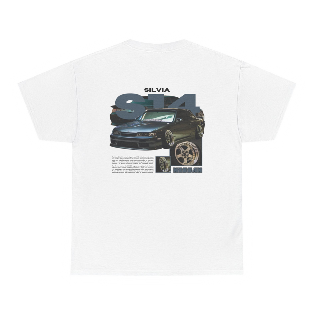 White T-shirt with Nissan Silvia S14 Zenki graphic on the back, picture of the rear, black background