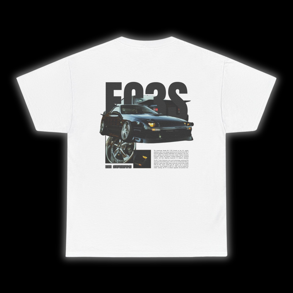 White T-shirt with Mazda Rx7 FC graphic on the back, picture of the rear, black background