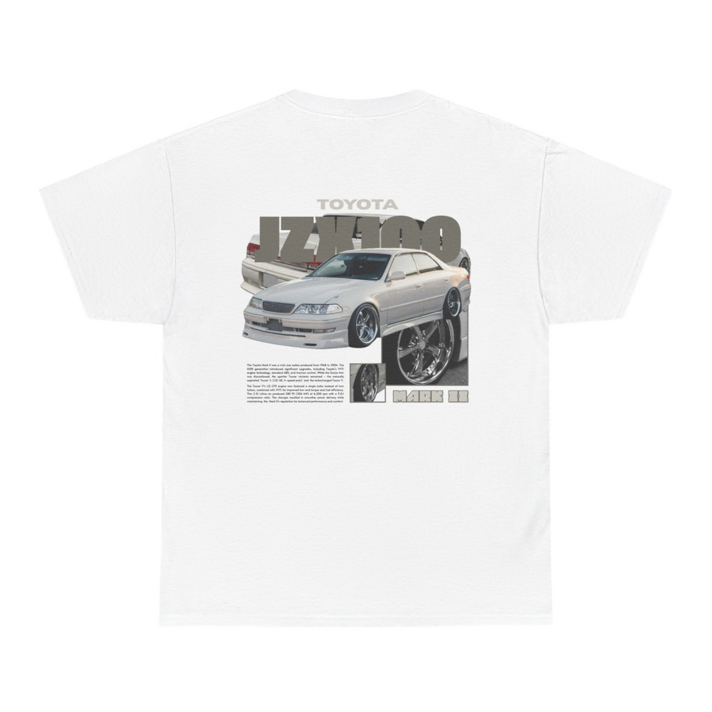 White T-shirt with Toyota Mark II Jzx100 graphic on the back, picture of the rear, black background