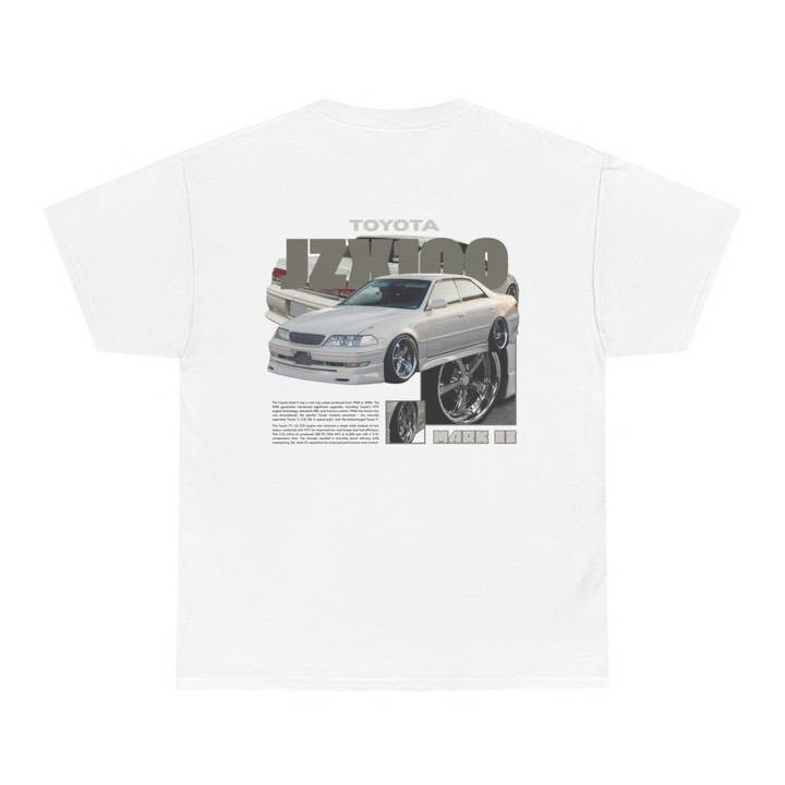White T-shirt with Toyota Mark II Jzx100 graphic on the back, picture of the rear, black background