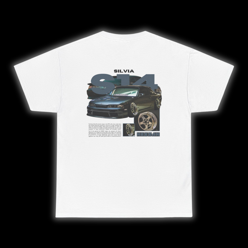 White T-shirt with Nissan Silvia S14 Zenki graphic on the back, picture of the rear, black background