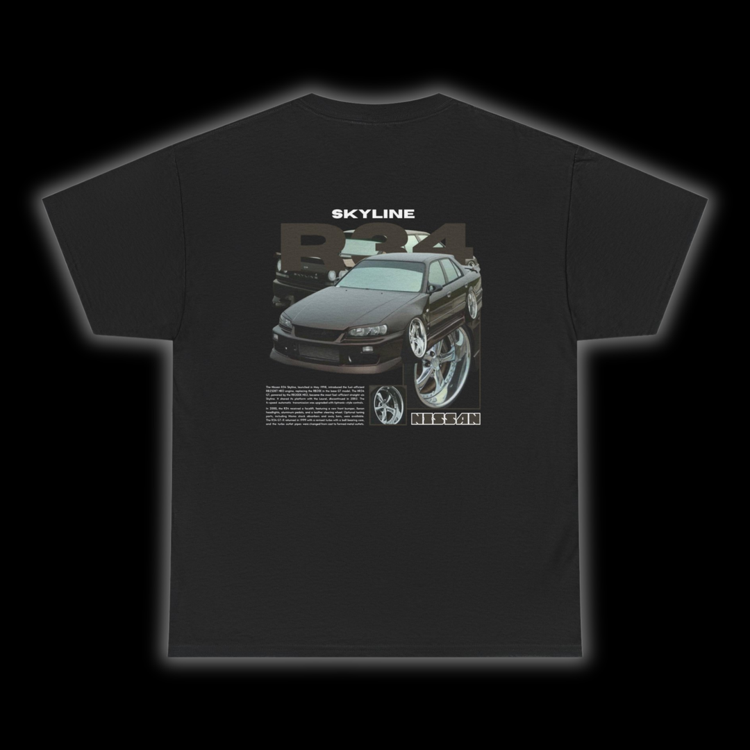 Black T-shirt with Nissan Skyline R34 graphic on the back, picture of the rear, black background