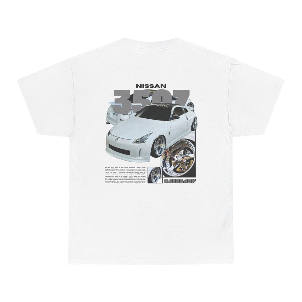 White T-shirt with Nissan 350z / Fairlady Z33 graphic on the back, picture of the rear, black background