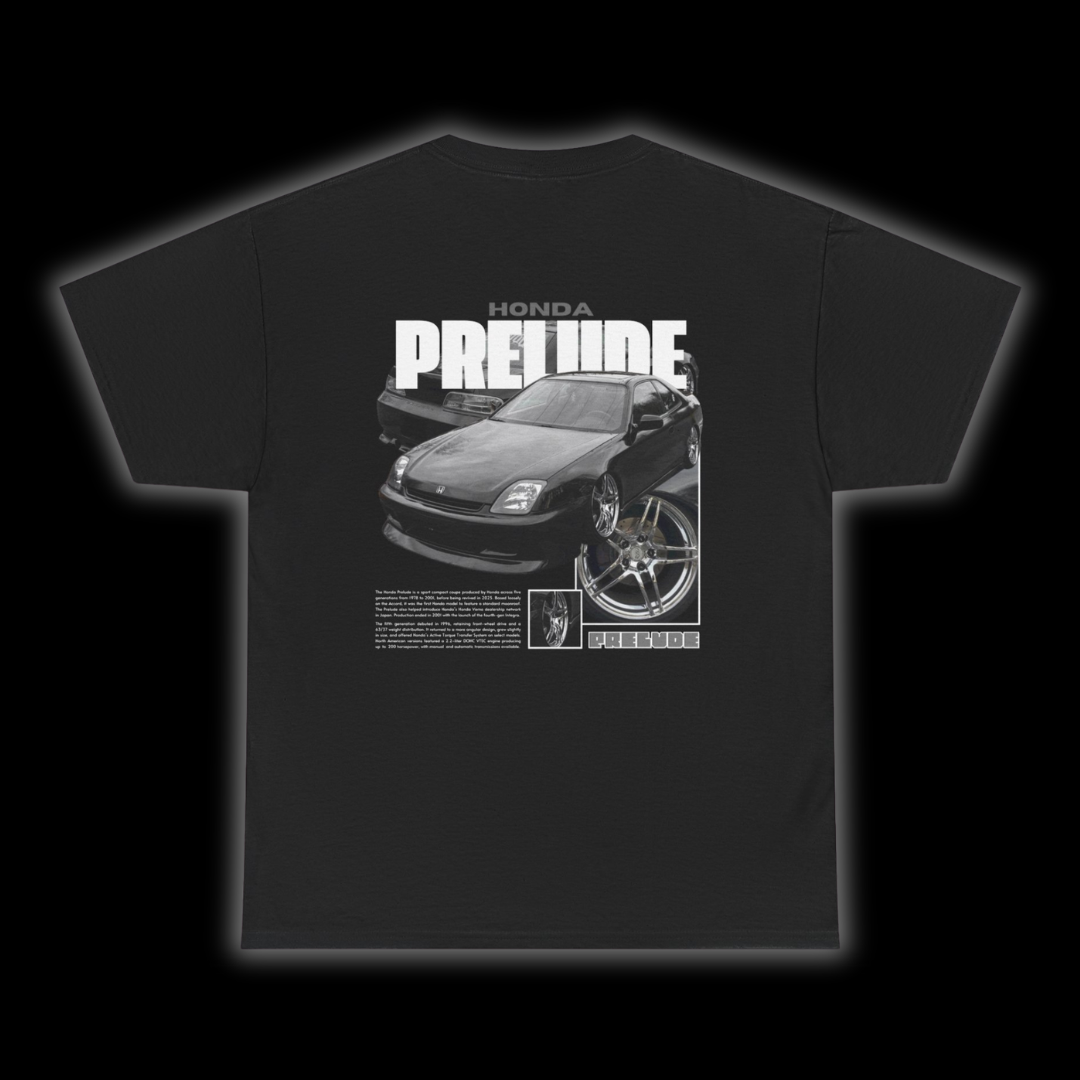 Black T-shirt with Honda Prelude BB9 graphic on the back, picture of the rear, black background