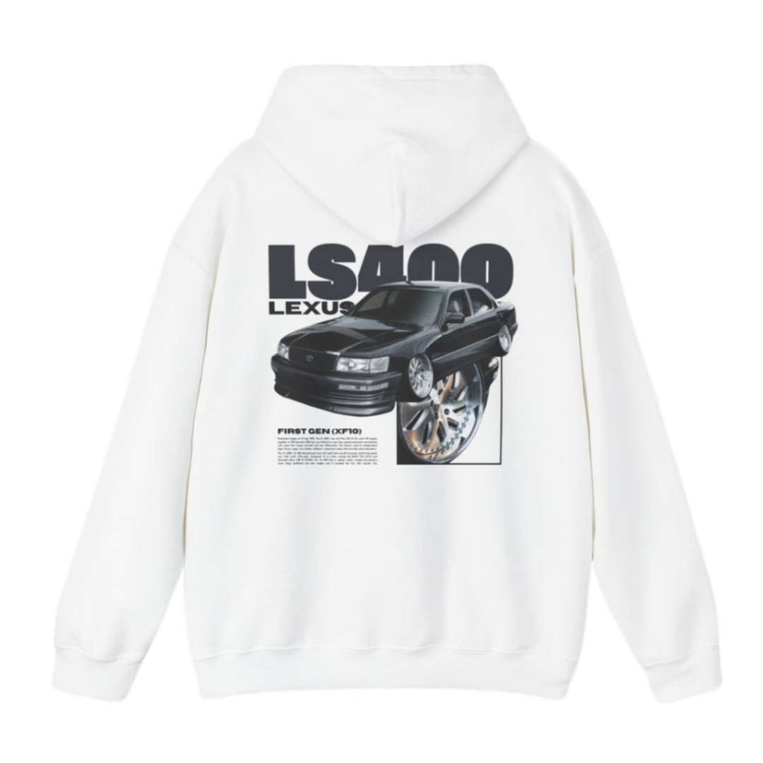 White hoodie with Lexus Ls400 / Toyota Celsior UCF10 graphic on the back, picture of the rear, black background