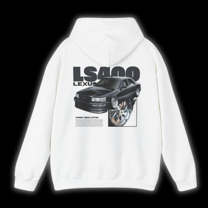 White hoodie with Lexus Ls400 / Toyota Celsior UCF10 graphic on the back, picture of the rear, black background