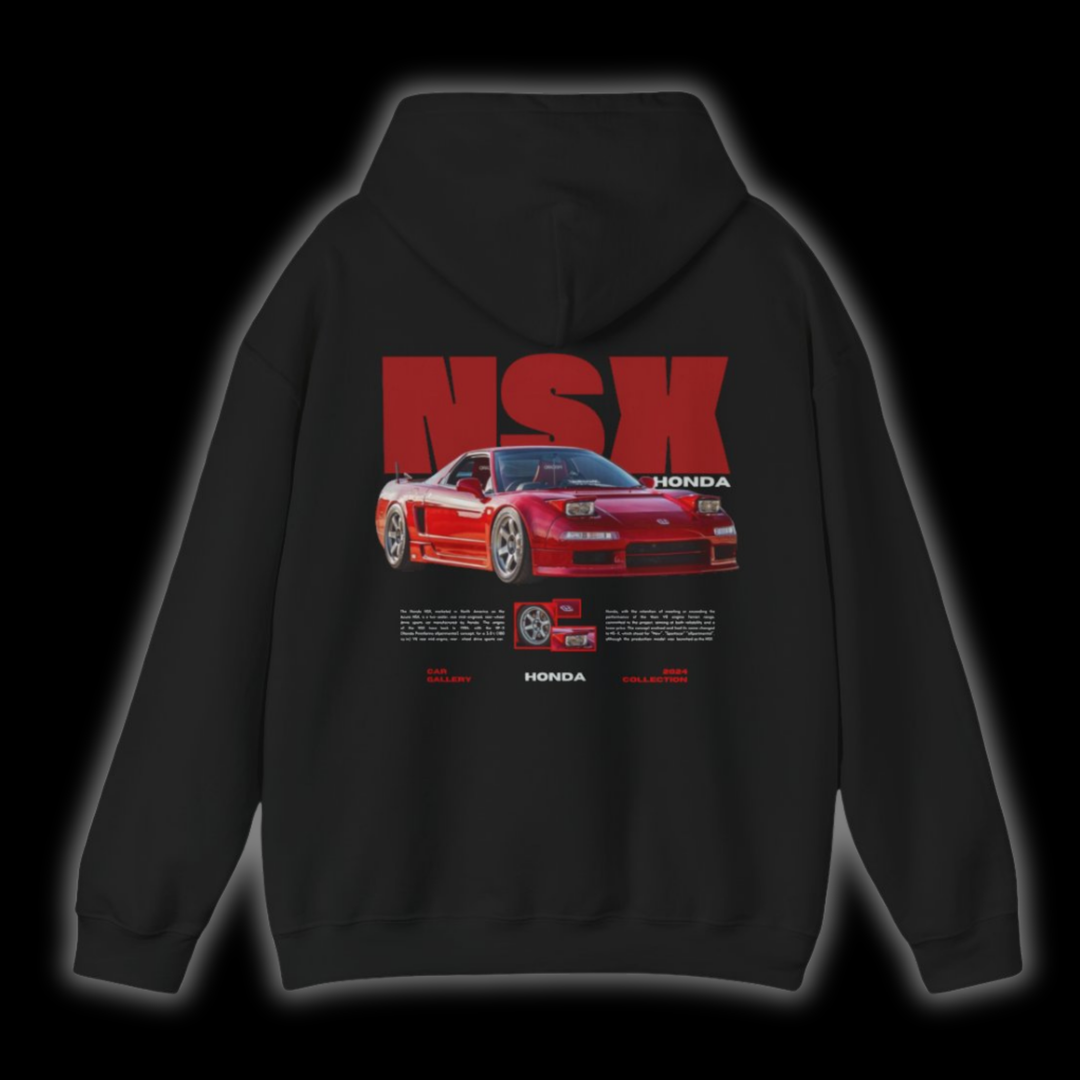 Black hoodie with Honda / Acura NSX graphic on the back, picture of the rear, black background 
