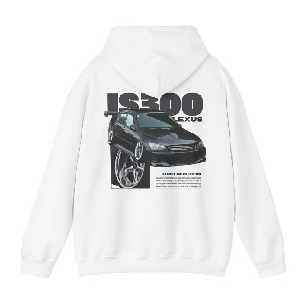 White hoodie with Lexus IS300 / IS200 graphic on the back, picture of the rear, black background