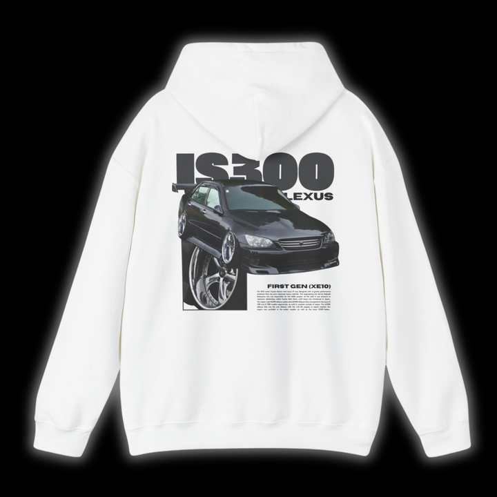 White hoodie with Lexus IS300 / IS200 graphic on the back, picture of the rear, black background