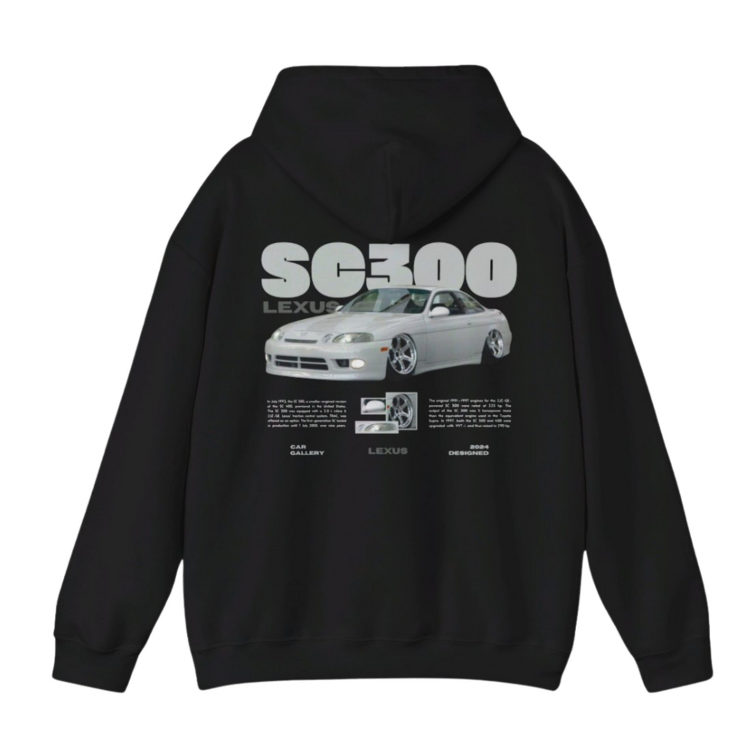 Black hoodie with Lexus Sc300 / Soarer JZZ30 graphic on the back, picture of the rear, black background 
