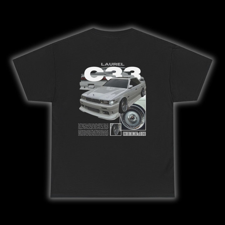 Black T-shirt with Nissan Laurel C33 graphic on the back, picture of the rear, black background