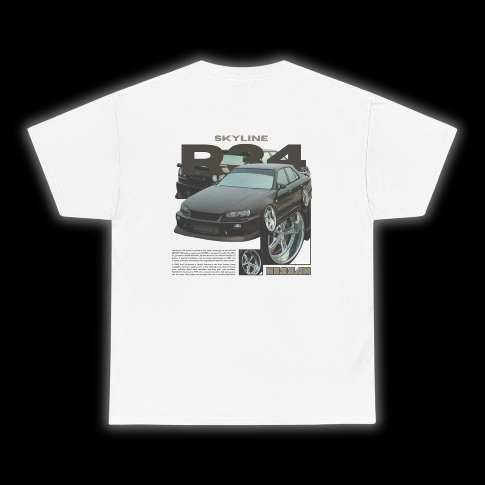 White T-shirt with Nissan Skyline R34 graphic on the back, picture of the rear, black background