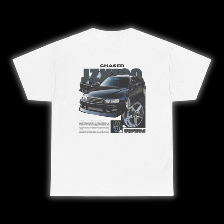 White T-shirt with Toyota Chaser Jzx100 graphic on the back, picture of the rear, black background
