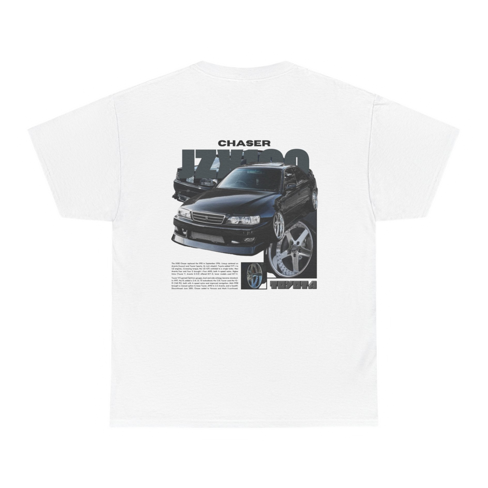 White T-shirt with Toyota Chaser Jzx100 graphic on the back, picture of the rear, black background