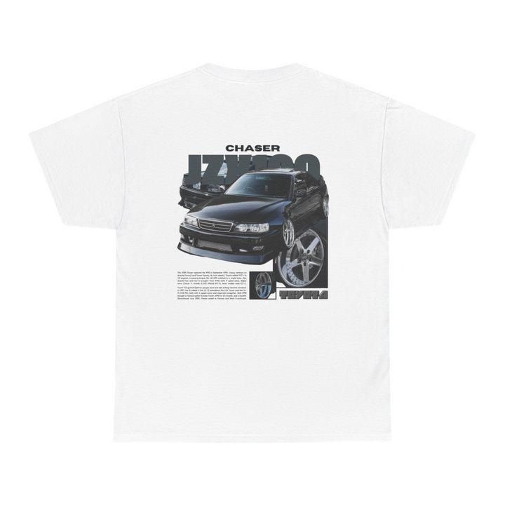 White T-shirt with Toyota Chaser Jzx100 graphic on the back, picture of the rear, black background