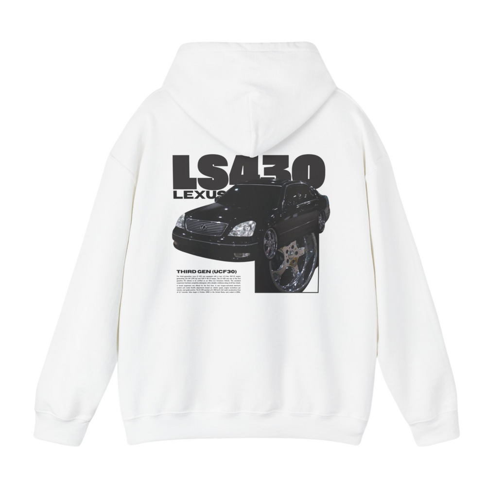 White hoodie with Lexus Ls430 graphic on the back, picture of the rear, black background