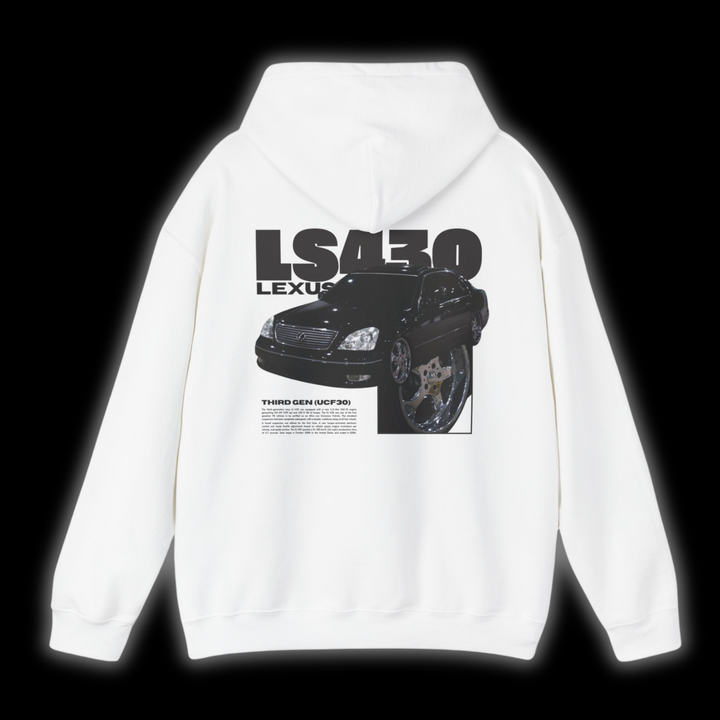 White hoodie with Lexus Ls430 graphic on the back, picture of the rear, black background