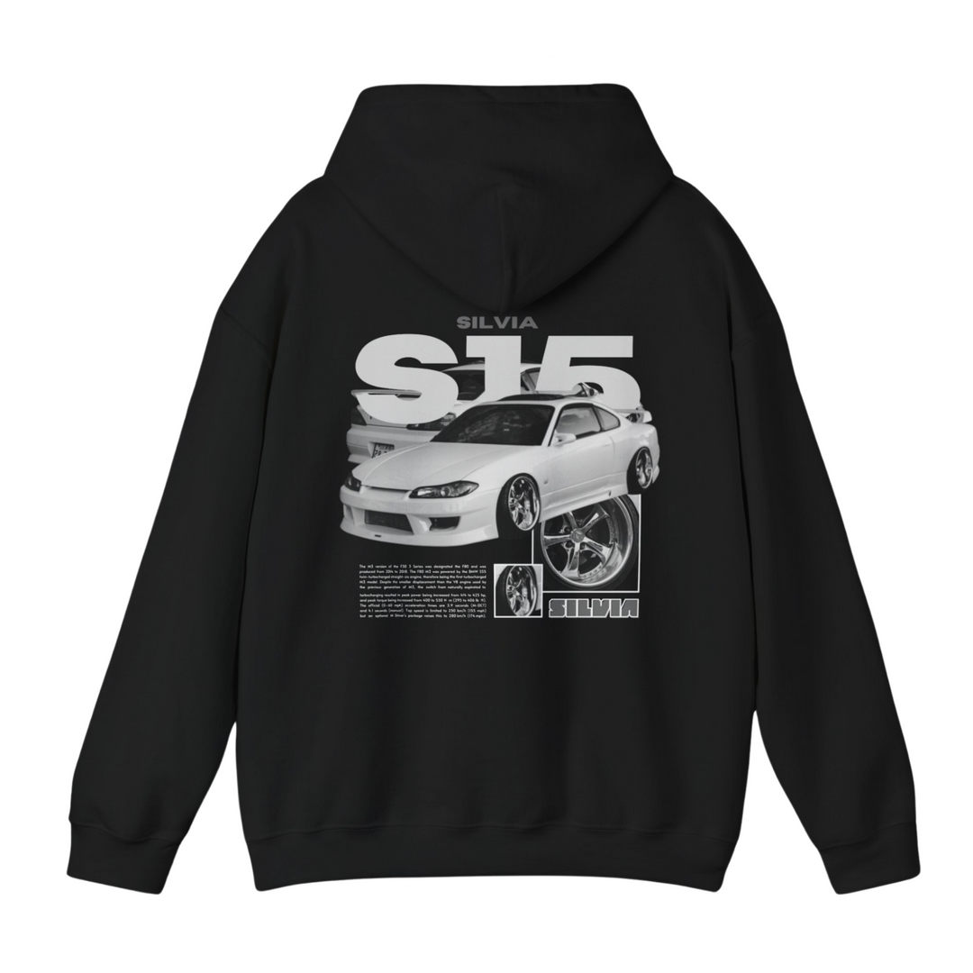 Black hoodie with Nissan Silvia S15 graphic on the back, picture of the rear, black background