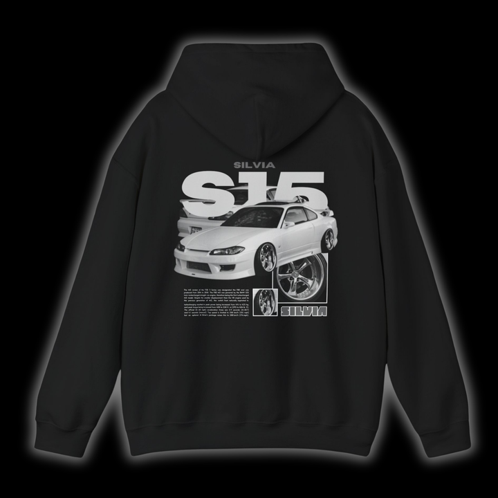 Black hoodie with Nissan Silvia S15 graphic on the back, picture of the rear, black background