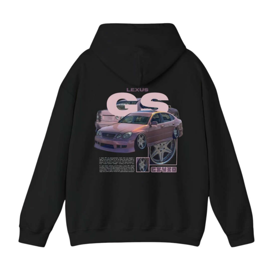 Black hoodie with Lexus Gs300 / Aristo JZS160 graphic on the back, picture of the rear, black background 
