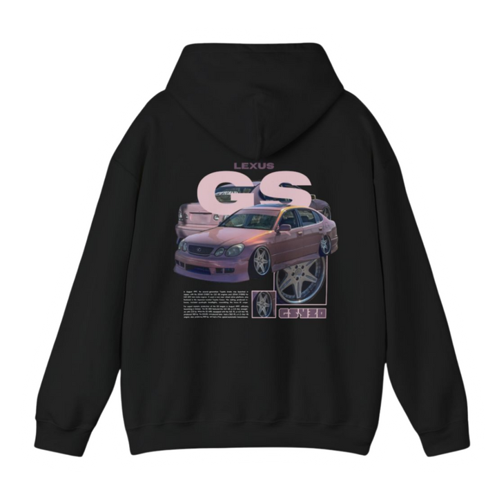 Black hoodie with Lexus Gs300 / Aristo JZS160 graphic on the back, picture of the rear, black background 
