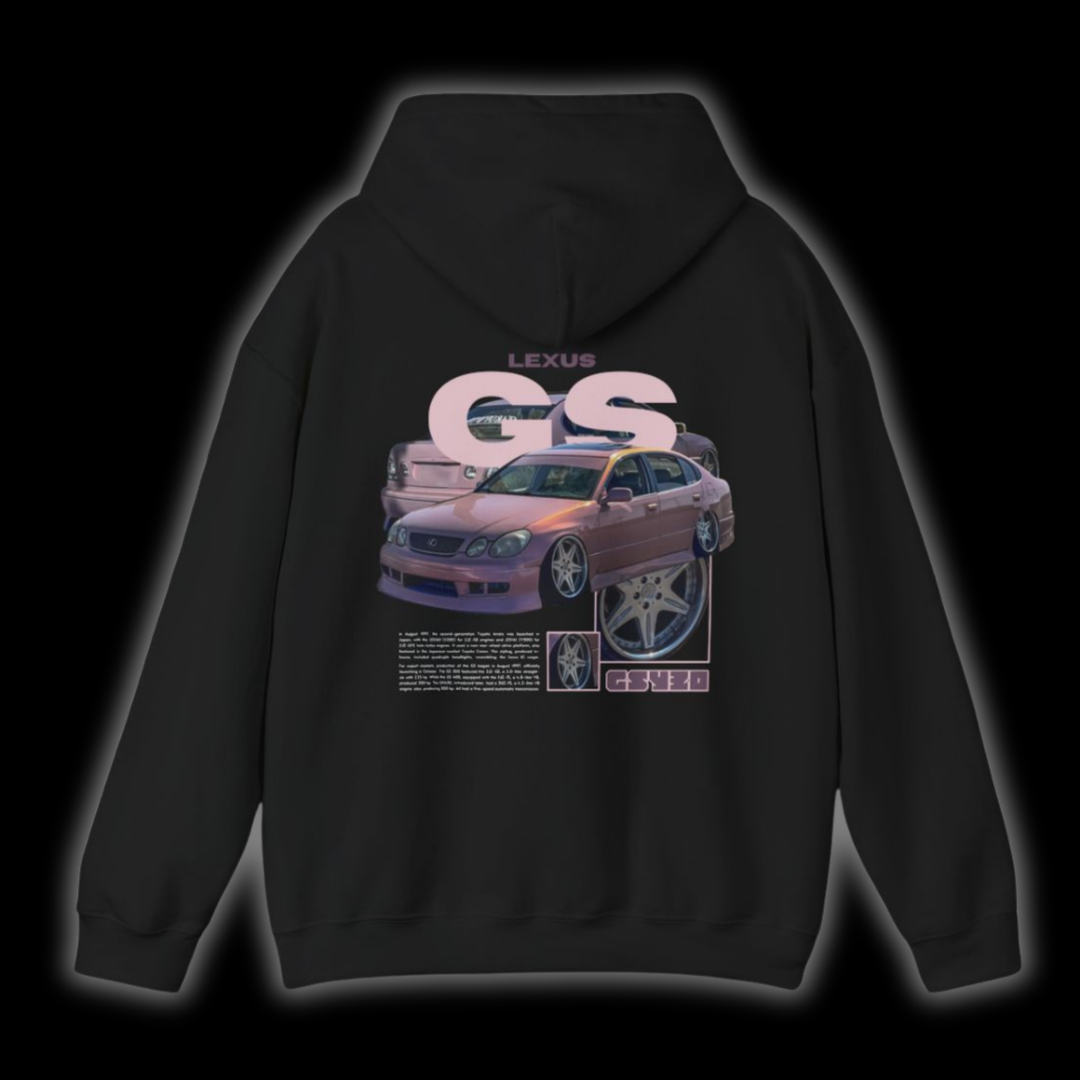 Black hoodie with Lexus Gs300 / Aristo JZS160 graphic on the back, picture of the rear, black background 
