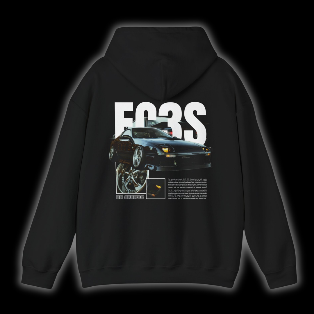 Black hoodie with Mazda Rx7 FC graphic on the back, picture of the rear, black background
