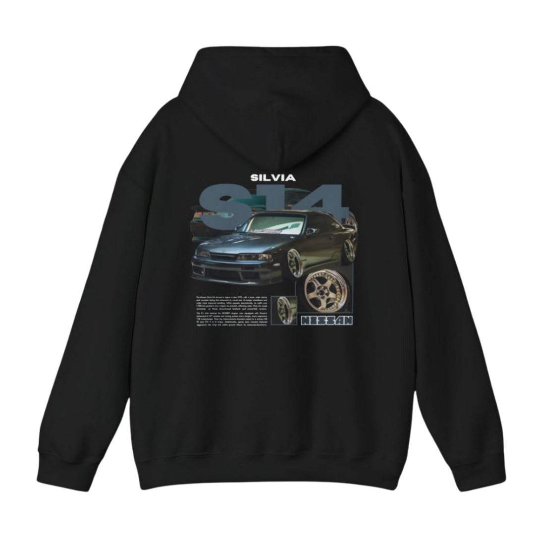 Black hoodie with Nissan Silvia S14 Zenki graphic on the back, picture of the rear, black background 
