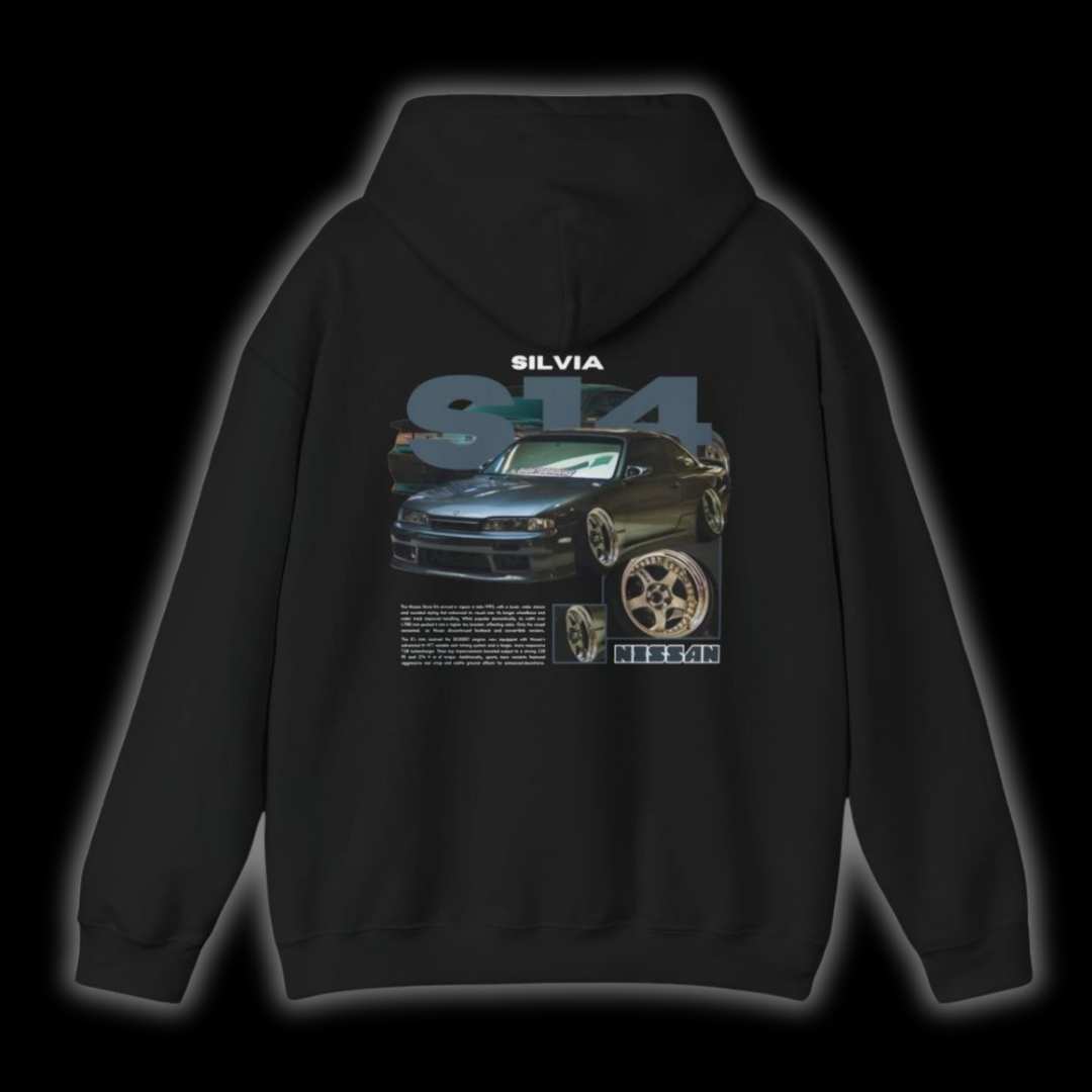 Black hoodie with Nissan Silvia S14 Zenki graphic on the back, picture of the rear, black background 
