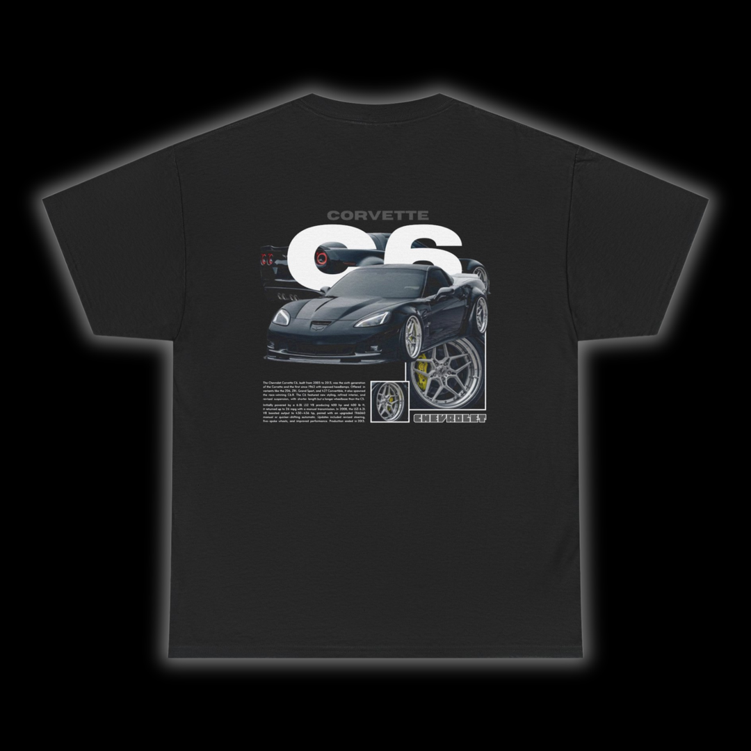 Black T-shirt with Chevrolet Corvette C6 graphic on the back, picture of the rear, black background