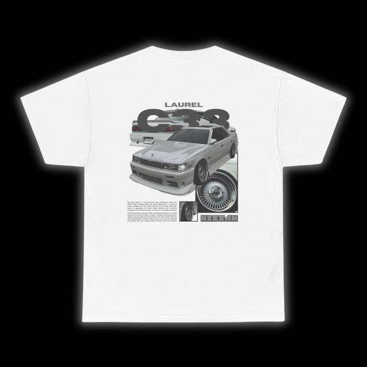 White T-shirt with Nissan Laurel C33 graphic on the back, picture of the rear, black background