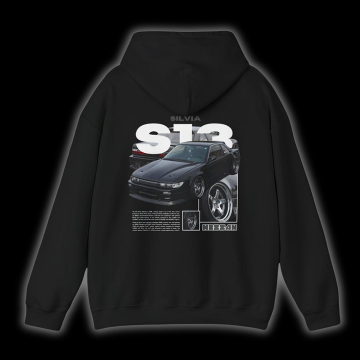 Black hoodie with Nissan Silvia S13 / PS13 coupe graphic on the back, picture of the rear, black background 
