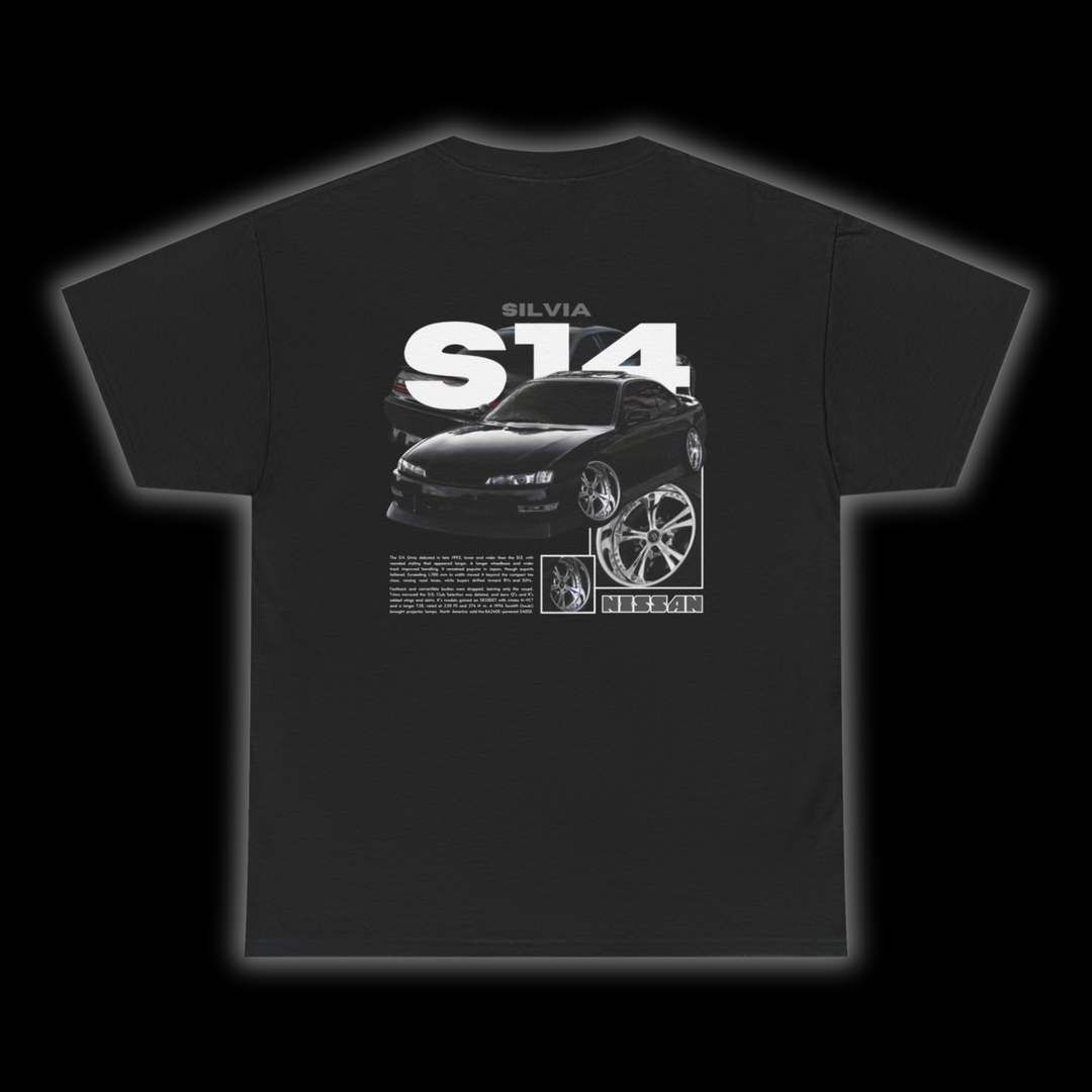 Black T-shirt with Nissan Silvia S14 Kouki graphic on the back, picture of the rear, black background