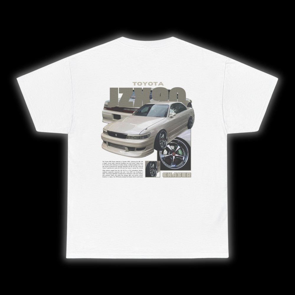 White T-shirt with Toyota Chaser Jzx90 graphic on the back, picture of the rear, black background