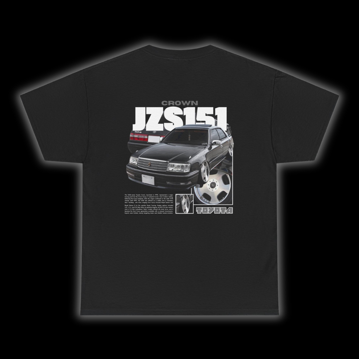 Black T-shirt with Toyota Crown JZS151 graphic on the back, picture of the rear, black background