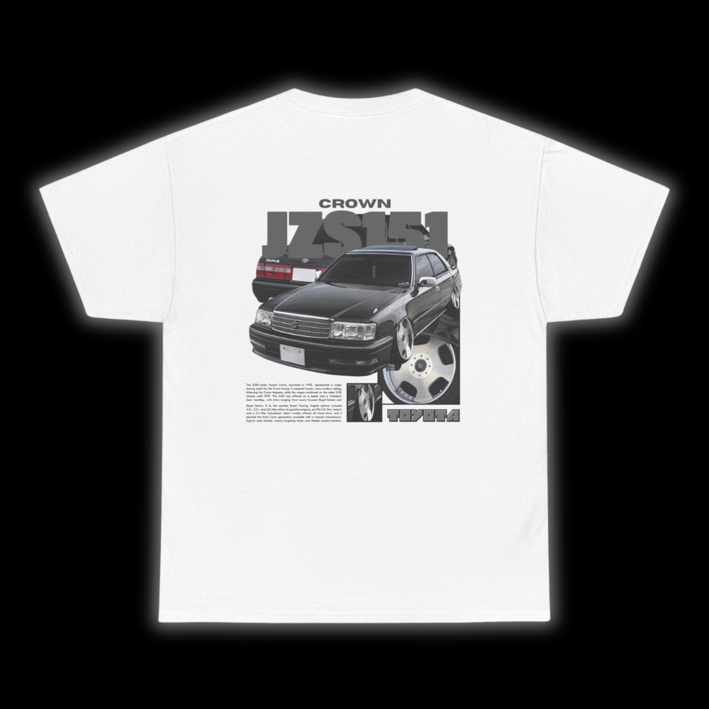 White T-shirt with Toyota Crown JZS151 graphic on the back, picture of the rear, black background