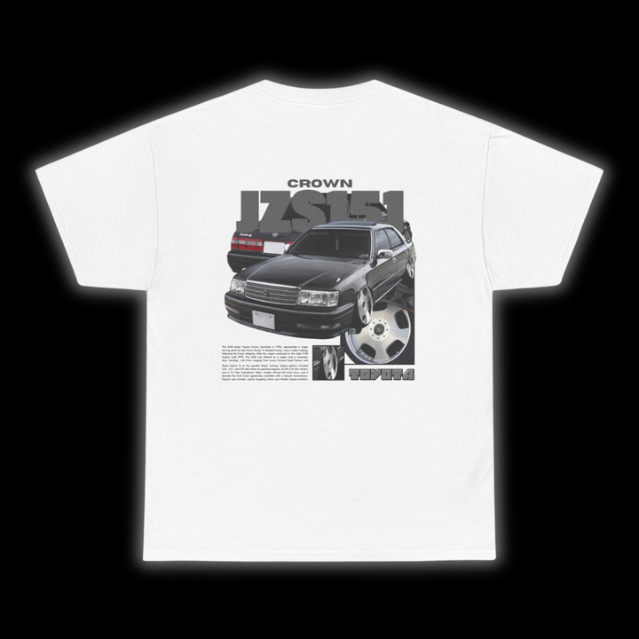 White T-shirt with Toyota Crown JZS151 graphic on the back, picture of the rear, black background
