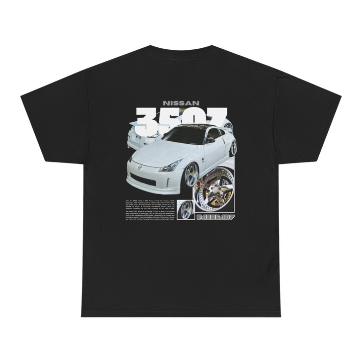 Black T-shirt with Nissan 350z / Fairlady Z33 graphic on the back, picture of the rear, black background