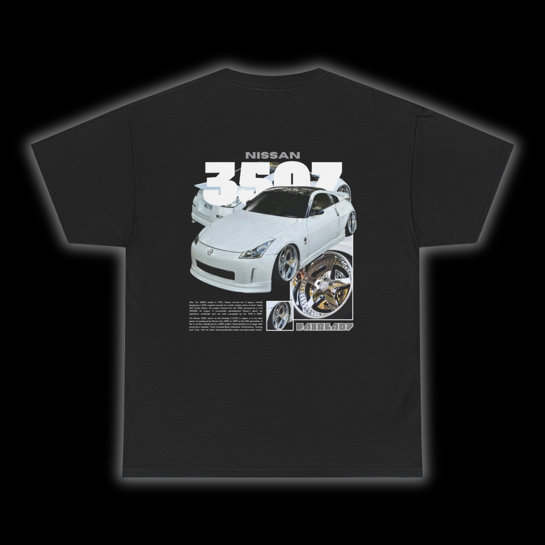 Black T-shirt with Nissan 350z / Fairlady Z33 graphic on the back, picture of the rear, black background