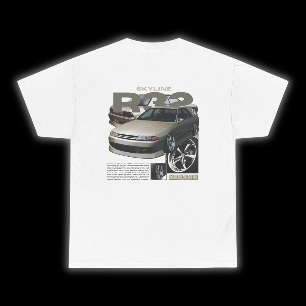 White T-shirt with Nissan Skyline R32 GTR graphic on the back, picture of the rear, black background