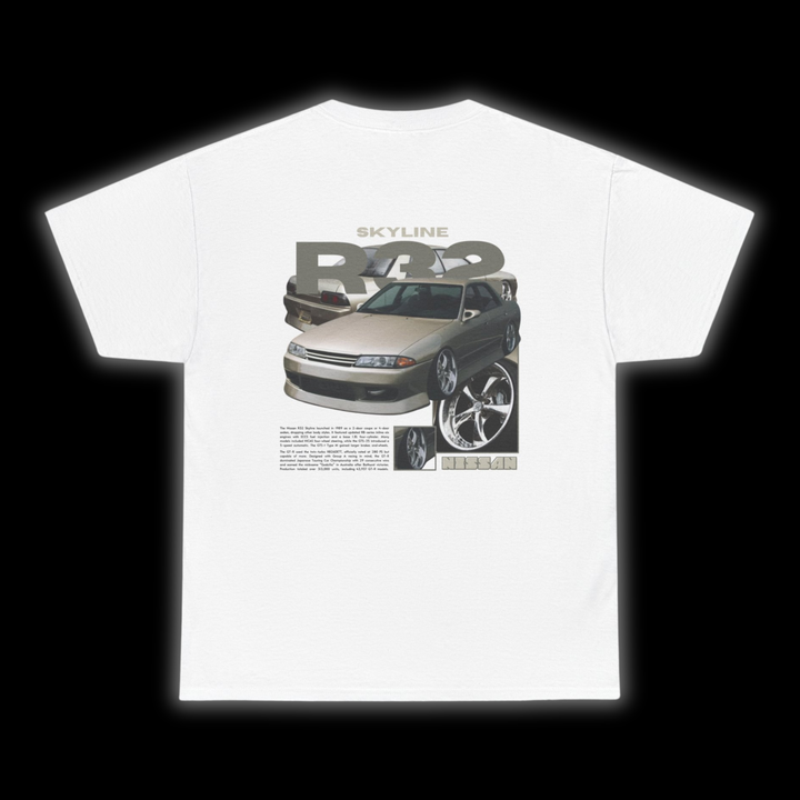 White T-shirt with Nissan Skyline R32 GTR graphic on the back, picture of the rear, black background