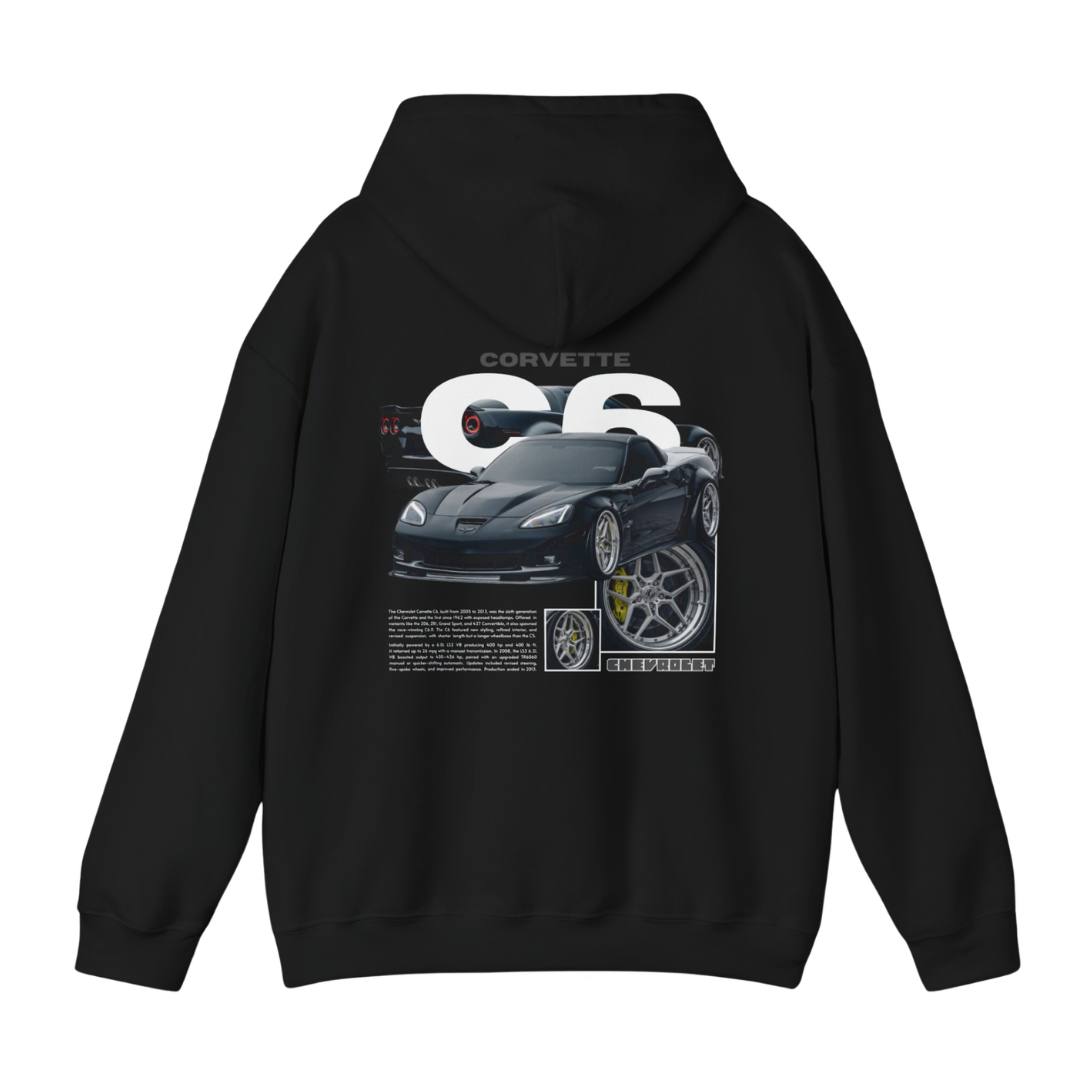 Black hoodie with Chevrolet Corvette C6 graphic on the back, picture of the rear, black background 
